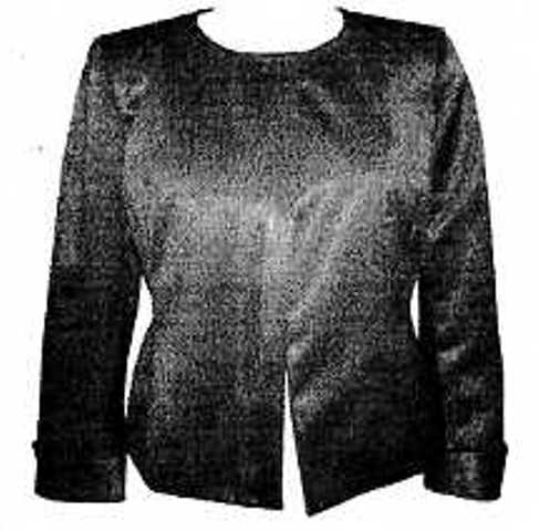 WOVEN LADIES DARTED NECKLINE JACKET MADE FROM 100 PERCENT POLYESTER. FULLY LINED WITH 100 PERCENT ACETATE. GARMENTS LENGTH IS 59CM EXACTLY, MEASUREMENT TAKEN FROM CENTRE BACK. DESIGNED TO COVER UPPER PART OF THE BODY FROM SHOULDER TO HIGH HIP. LONG SLEEVED WITH TURN BACK CUFFS / SPLIT AND A ROUND NECKLINE WITH LARGE BLADE TUCKS DOWN THE CENTRE FRONT. THE GARMENT HAS A FULL OPENING WITH ONE 28L PRESS STUD TO FASTEN.