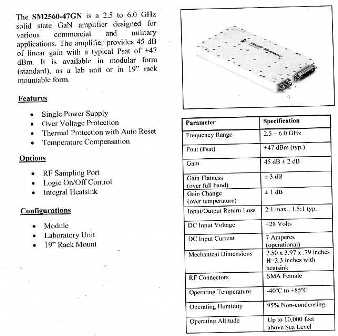 50 WATT POWER AMPLIFIER CONSISTING OF ACTIVE AND PASSIVE ELEMENTS MOUNTED ON A PRINTED CIRCUIT AND CONTAINED IN A HOUSING. FOR MILITARY APPLICATIONS. PART NUMBER IWMIS4495R6. A 2.5 TO 60.0 GHZ SOLID STATE GAN AMPLIFIER DESIGNED FOR VARIOUS COMMERCIAL AND MILITARY APPLICATIONS. FEATURES INCLUDE SINGLE POWER SUPPLY, OVER VOLTAGE PROTECTION, THERMAL PROTECTION WITH AUTO RESET, TEMPERATURE COMPENSATION. MECHANICAL DIMENSIONS 7.50 X 3.97 X 79 INCHES.