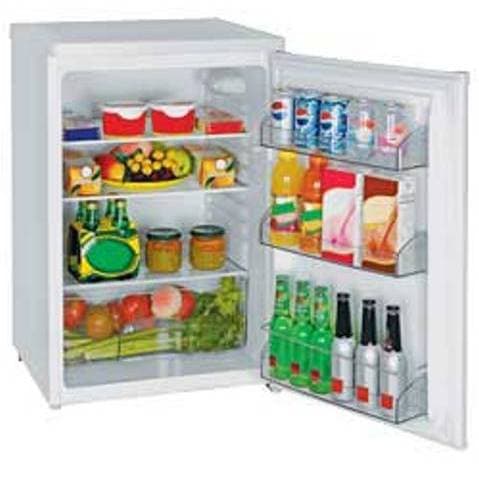 DOMESTIC TYPE REFRIGERATOR.FEATURES INCLUDE,2  ADJUSTABLE GLASS SHELVES,EGG RACK.REVERSIBLE DOOR WITH STORAGE SHELVES ON THE INSIDE OF THE DOOR. WITH A NET CAPACITY OF 130 LITRES. DIMENSIONS, 84.5CM BY 54.7CM BY 57CM .