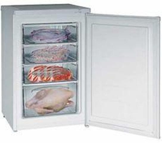 DOMESTIC FREEZER. THE FREEZER IS THE VERTICAL DOMESTIC TYPE, WITH 85 LITRE GROSS CAPACITY. DIMENSIONS 54.7CM BY 84.5CM BY 57CM.