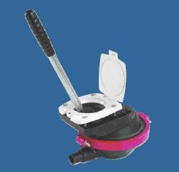 A PISTON HAND PUMP.  A LOW PROFILE UNDERDECK BILGE PUMP.  FEATURES: COMPACT DESIGN FOR CONFINED SPACES; ONLY 120 MM DEEP FOR LOW PROFILE INSTALLATION UNDERDECK; CLAMP RING EASILY REMOVED FOR HEAD ROTATION AND QUICK MAINTENANCE; 40 LITRES PER MINUTES; SUITABLE FOR PUMPING SALTWATER AND DIESEL.  MATERIALS: PUMP BODY - POLYPROPYLENE; CLAMP RING - ACETAL; DIAPHRAGM, VALVES AND SEALS - NITRILE; OPERATING LEVER - NYLON; GAITER - EPDM; DECK PLATE COVER - PBT; FASTENERS - STAINLESS STEEL.  DIMENSIONS: 196 X 199 X 120 MM.