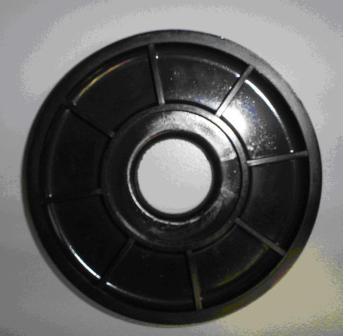 A WASHER PLATE.  PART OF A PUMP.  MADE OF BLACK PLASTIC (ACETAL COPOLYMER).  PART IS CIRCULAR WITH A CIRCULAR HOLE THROUGH THE CENTRE.  ONE SIDE IS REINFORCED WITH EIGHT EQUALLY SPACED RIB SUPPORTS.  DIMENSIONS: EXTERNAL DIAMETER - 7.62 MM; DIAMETER OF HOLE - 20 MM.