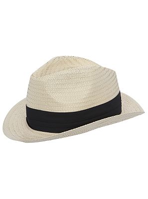 PANAMA HAT.  MADE FROM PLAITING MATERIALS OF PAPER STRIP.  WITH BRIM. TRIMMED WITH CONTRASTING BAND.