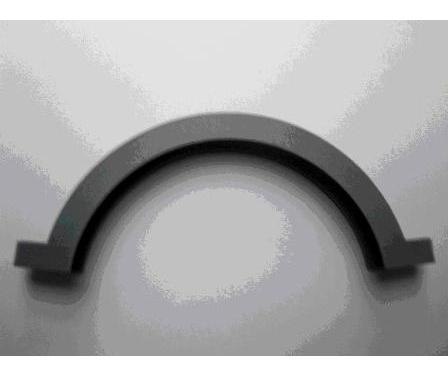 A CLAMPING RING.  PART OF A PUMP.  MADE OF BLUE-GREY PLASTIC (ACETAL).  PART IS A CURVED LENGTH OF PLASTIC WITH A COUNTRSUNK SCREW HOLE AT EACH END.  DIMENSIONS: 126.9 X 19.3 X 51 MM.