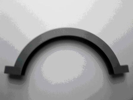 A CLAMPING RING.  PART OF A PUMP.  MADE OF BLUE-GREY PLASTIC (ACETAL).  PART IS A CURVED LENGTH OF PLASTIC WITH A PLAIN SCREW HOLE AT EACH END.  DIMENSIONS: 126.9 X 19.3 X 51 MM.
