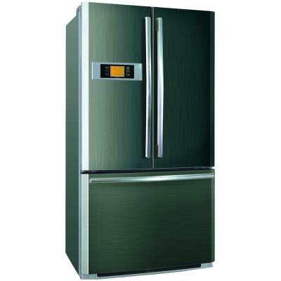 COMBINED REFRIGERATOR AND FREEZER WITH SEPARATE EXTERNAL DOORS.THE REFRIGERATOR , WHICH IS ABOVE THE FREEZER PART, HAS TWO DOORS THAT OPEN OUT FROM THE CENTRE .THE REFRIGERATOR INCLUDES FOUR SAFETY GLASS SHELVES,BOTTLE RACKS IN THE DOORS,SALAD CRISPERS,CAN DISPENSER, INTERIOR LIGHTAND AN OPEN DOOR ALERT. CAPACITY OF REFRIGERATOR IS 396.44  LITRES. THE FREEZER PART HAS ONE DOOR AND INCLUDES ONE PULL OUT DRAWER. CAPACITY OF FREEZER IS 158.57 LITRES.THE WHOLE UNIT IS 177CM HIGH.