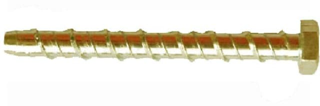 A M10 HEXAGONAL HEADED HIGH TENSILE STEEL BOLT OF MORE THAN 800MPa WITH A CUTTING THREAD, DESIGNED AS A FIXING WHICH CAN BE SCREWED DIRECTLY INTO A PRE-DRIILED HOLE IN MASONRY. IT HAS A ZINC YELLOW PASSIVATED COATING TO PROTECT IT FROM CORROSION.