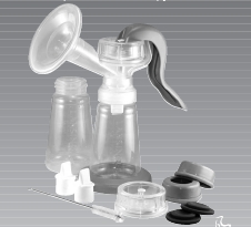 MANUAL VACUUM BREAST PUMP FOR EXPRESSING MILK. CONSISTING OF A FLANGE COVER, BOTTLE STAND, COMFORT SEAL CUSHION, SILICONE DIAPHRAGM AND STEM, HANDLE, BREAST FLANGE, WHITE VALVE, BOTTLE CAP WITH RING AND SEALING DISK.  PACKED WITH A FLANGE CLEANING BRUSH AND SPARE DIAPHRAGM, STEM AND WHITE VALVES.  ALSO PACKED WITH PRINTED INSTRUCTIONS