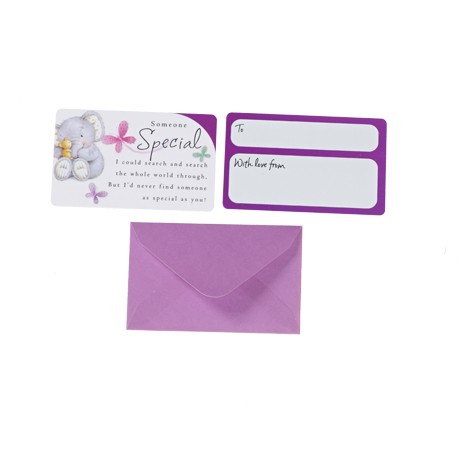 SMALL CREDIT CARD SIZE PRINTED PLASTIC CARD. THE FRONT OF THE CARD IS PRINTED WITH A SPECIAL MESSAGE AND THE BACK HAS THE WORDING TO, AND WITH LOVE FROM.CARD ALSO BEARS A PRINTED PICTURE AND IS SUPPLIED WITH AN ENVELOPE.