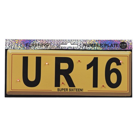 BIRTHDAY NUMBER PLATE. MADE OF A THIN PAPERBOARD.BEARING A PRINTED BIRTHDAY MESSAGE.WITH FLASHING LED LIGHTS.PACKAGED IN A PLASTIC BAG WITH PRINTED BOARD HEADER CARD.