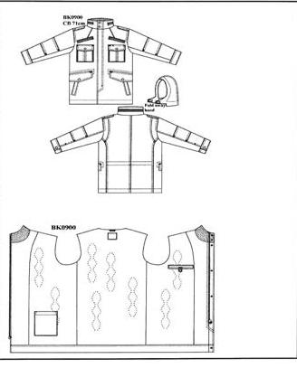 WOVEN JACKET FOR MEN.  REACHING DOWN TO BELOW THE WAIST.  ROUND NECK WITH COLLAR HAVING A CONCEALED HOOD.  COMPLETE FRONT OPENING FASTENED BY ZIP WITH LEFT OVER RIGHT STUD FLAP WITH 7 STUD FASTENING 2 STUDS VISIBLE AT THE NECK. WITH LONG SLEEVES WITH ADJUSTABLE STUD-FASTENING CUFF. WITH 4 LARGE STUD-FASTENING POCKETS AND 4 SMALLER POCKETS. HAVING 2 INSIDE POCKETS. WITH 2 SHOULDER EPAULETTES WITH STUD FASTENING.  HEMMED AT BASE.  FULLY LINED.  COMPOSITION 100 PER CENT COTTON WITH PU COATING.