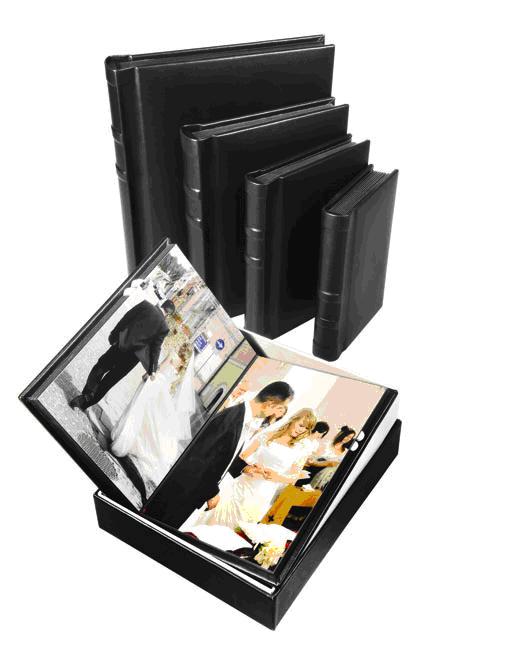PHOTO ALBUM. OF CARDBOARD WITH LEATHER EFFECT OUTER SURFACE. WITH PAPERBOARD PAGES. WITH AN ADHESIVE ON EACH PAGE WITH COVER PAPER WHICH IS REMOVED BEFORE ATTACHING PHOTOS. THE ALBUM HOLDS UPTO 20 IMAGES. COMES PACKAGED IN A BLACK GIFT BOX.