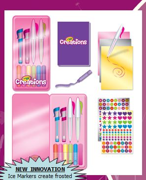 STATIONERY SET CONTAINING 6 GLITTER GLUE PENS, SPARKLY GEL PENS, AND ICE MARKERS THAT MAKE THE COLOUR LOOK LIKE DRY ICE. PACKED TOGETHER FOR RETAIL SALE WITH A SMALL NOTE BOOK, PAPER AND HOLOGRAPHIC STICKERS.