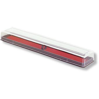 PLASTIC SINGLE PEN CASE, WITH A SMALL STRIP OF RED VELVET LINING. CLEAR MOULDED PLASTIC LID WITH GREY MOULDED PLASTIC BASE. TO STORE HAND TURNED PENS FOR DISPLAY PURPOSES SOLD IN SINGLE UNITS.