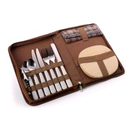MINI PICNIC SET FOR 2.  SET CONSISTS OF A POLYESTER ZIPPED CASE WHICH OPENS TO REVEAL, STAINLESS STEEL CUTLERY WITH PLASTIC HANDLES (2 SETTINGS: 2 X KNIVES, 2 X FORKS AND 2 X SPOONS) INCLUDING A CUTTING KNIFE, PLASTIC PLATES X 2, BOTTLE OPENER, COTTON WOVEN NAPKINS. ALL PACKED AND IMPORTED AS A SET.