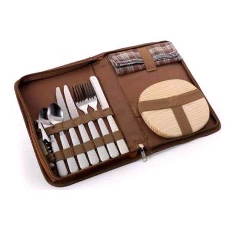 MINI PICNIC SET FOR 2 SET.  CONSISTS OF A POLYESTER ZIPPED CASE WHICH OPENS TO REVEAL, STAINLESS STEEL CUTLERY WITH PLASTIC HANDLES (2 SETTINGS: 2 X KNIVES, 2 X FORKS AND 2 X SPOONS) INCLUDING A CUTTING KNIFE, MELAMINE PLATES X 2, BOTTLE OPENER, COTTON WOVEN NAPKINS. ALL PACKED AND IMPORTED AS A SET.