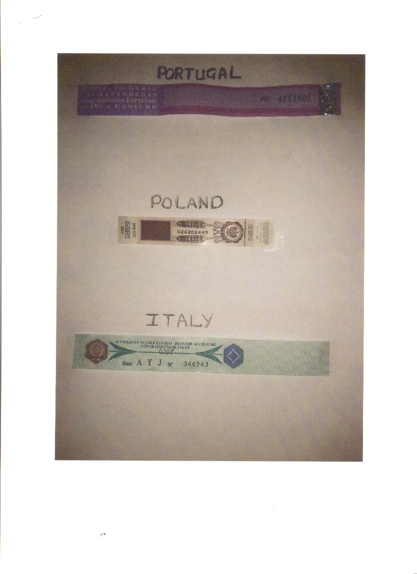 PRINTED PAPER STRIP STAMPS/LABELS WHICH ARE NON-ADHESIVE. THEY HAVE NO FACE VALUE AND ARE ATTACHED TO BOTTLES OF SPIRITS TO TO DENOTE TAXES HAVE BEEN PAID IN THE COUNTRY OF ORIGIN.