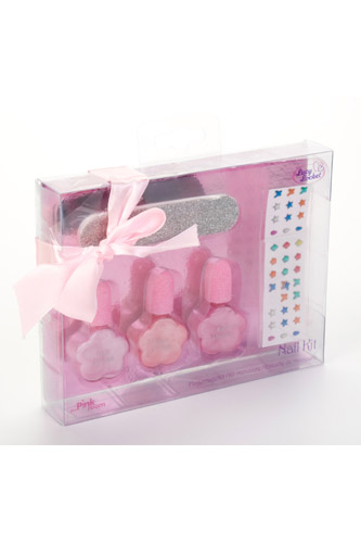 CHILDRENS MANICURE PREPARATION SET.  THIS SET INCLUDES THREE PINK NAIL POLISHES IN DIFFERENT SHADES OF PINK, 36 COLOURED NAIL STICKERS AND A SILVER GLITTERY EMERY BOARD. THESE ITEMS ARE PACKAGED IN A CLEAR PLASTIC BOX WITH A PINK RIBBON ON THE TOP LEFT CORNER. THESE NAIL ITEMS ARE DESIGNED OT BE USED BY CHILDREN. THE WHOLESALE VALUE  OF THIS ITEM IS £3.10.