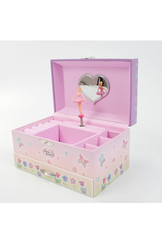THIS IS A MUSICAL BOX. IT IS MADE FROM MDF AND COVERED WITH LAMINATED PAPER WITH FAIRY PRINT ON IT. THE BOX IS WOUND UP WITH A WINDER KEY ON THE BACK. ONCE WOUND, IT PLAYS MUSIC WHEN THE LID OF THE BOX IS OPENED AND SMALL PLASTIC BALLERINA ON A SPRING SPINS ROUND AS THE MUSIC PLAYS. INSIDE THE BOX ARE VARIOUS COMPARTMENTS TO KEEP JEWELLERY IN. THERE IS A PLASTIC DRAW AT THE BOTTOM OF THE BOX. IT IS PACKAGED FOR RETAIL SALE IN A CARDBOARD DISPLAY BOX. THE ITEM IS INTENDED FOR CHILDREN.