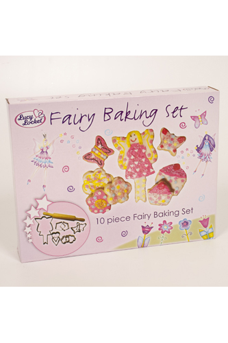 THIS IS A FAIRY BAKING SET. IT INCLUDES 9 METAL BISCUIT CUTTERS AND A ROLLING PIN. THEY ARE PACKAGED IN A CARDBOARD DISPLAY BOX. THE ITEM IS DESIGNED TO BE USED BY A CHILD WITH ADULT SUPERVISION.