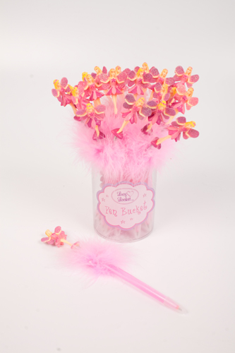 THIS IS A NON REFILLABLE PINK PLASTIC PEN. THERE IS A PLASTIC GLITTERY FAIRY ON THE TOP OF THE PEN WITH A PIECE OF PINK MARABOU UNDERNEATH IT. THE PENS IS SOLD TO RETAILERS IN CLEAR PLASTIC TUBS.