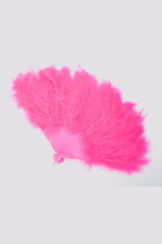 FEATHER FAN. THE PRODUCT IS A PINK FAN MADE FROM FEATHERS THAT HAVE BEEN DYED PINK WHICH ARE SECURED TO PINK PLASTIC SUPPORTS. DESIGNED TO BE USED BY CHILDREN DURING IMAGINATIVE PLAY.