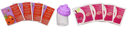 PACKETS OF DOLL JUICE SUPPLIED WITH A PLASTIC BOTTLE. THE JUICE IS DESIGNED AND MADE FOR A SPECIFIC BABY DOLL THAT DRINKS THE JUICE AND PASSES IT OUT OF THE BODY JUST LIKE A REAL BABY. AIMED AT CHILDREN AGED 3 YEARS AND UPWARDS. PACKAGED FOR RETAIL SALE ON A CARDBOARD PACK.