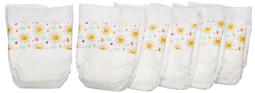 AN ACCESSORY PACK CONSISTING OF 6 DIAPERS/NAPPIES FOR A SPECIFIC DOLL.  THE DIAPERS HAVE A PATTERED RIM AND ARE ATTACHED TOGETHER AT THE FRONT.  AIMED AT CHILDREN 3 YRS AND UPWARDS.  PACKAGED FOR RETAIL SALE.