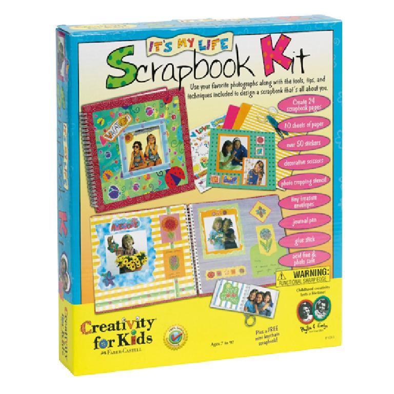 SCRAPBOOK KIT. INCLUDES 12 PAGE SPIRAL BOUND SCRAPBOOK, 10 SHEETS OF PAPER, 50 STICKERS DECORATIVE STICKERS, PHOTO COPY STENCIL, TINY TREASURE ENVELOPE, JOURNAL PEN AND GLUE STICK.
