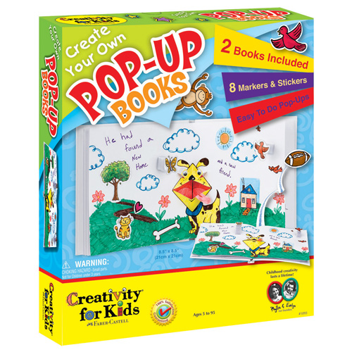 CHILDS POP UP BOOK KIT. KIT INCLUDES TWO BLANK POP UP BOOKS, SELF ADHESIVE ACCESSORIES, STICKERS, MARKERS AND WIGGLY EYES.