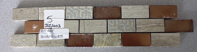 DECORATIVE MOSAIC TILES MEASURING 48MM X 22MM RECTANGULAR,  OF 70% STONE AND 30% SLATE OR GLASS ON A PLASTIC BACKING.