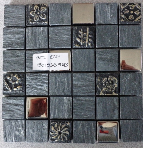 DECORATIVE MOSAIC TILES MEASURING 22MM X 22MM SQUARE,  OF 86% SLATE AND 14% GLASS ON A PLASTIC BACKING.