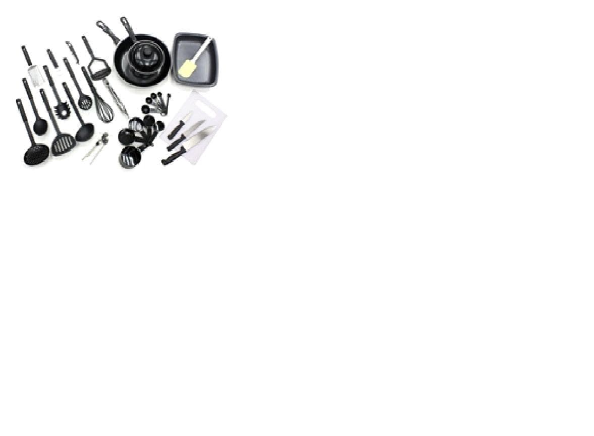 32 PIECE KITCHEN UTENSIL PACKAGED FOR RETAIL SALE IN A CARDBOARD BOX. CONTAINS:
NYLON EGG WHISK WITH PP HANDLE X1
NYLON SKIMMER PP HANDLE × 1
NYLON SPAGHETTI SPOON PP HANDLE × 1
NYLON CHINESE SLOTTED TURNER PP HANDLE × 1
NYLON SERVING SPOON WITH PP HANDLE× 1
NYLON POTATO MASHER WITH PP HANDLE × 1
NYLON SLOTTED SPOON WITH PP HANDLE × 1
NYLON SOUP LADLE WITH PP HANDLE × 1
9`` STAINLESS STEEL TONGS × 1
BUTTERFLY CAN OPENER × 1 STAINLESS STEEL
BOTTLE CAN OPENER WITH POLYPROPYLENE HANDLE ×1
SILICONE SPATULE WITH PP HANDLE 25.5×5.8CM× 1
POLYPROPYLENE CUTTING BOARD 255 X 175 X 3MM ×1
PLASTIC CUTTING BOARD IN WHITE COLOR; 
SILICONE SPATULA HEAD IN WHITE COLOR
PEELER × 1
5PCS POLYPROPYLENE MEARSUING CUP 1/8 CUP; 1/4 CUP; 1/3 CUP; 1/2 CUP; 1 CUP 
5PCS POLYPROPYLENE MEASUING SPOON 1/4 TSP; 1/2 TSP; 1 TSP; 1/2 TBSP; 1 TBSP 
PARING KNIFE × 1
UTILITY KNIFE ×1
CHEF KNIFE × 1
CARBON STEEL ROASTING TIN × 1
CARBON STEEL FRYINGPAN 28CM × 1
CARBON STEEL SAUCEPAN 16CM × 1