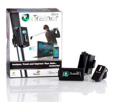 GOLF ITRAINER MINI. A PORTABLE GOLF SWING ANALYSIS AND TRAINING DEVICE THAT EMPLOYS STATE-OF THE-ART TECHNOLOGY. ATTACHING IT TO ANY GOLF CLUB IT SEAMLESSLY INTERACTS WITH ITRAINER'S MOBILE APPS AND PC SOFTWARE TO EMPOWER THE GOLFER WITH REAL-TIME SWING DATA THAT HELPS THEM IMPROVE AND MAINTAIN THEIR GAME. PRACTICE ANYWHERE, ANYTIME! MADE FROM PLASTIC, PACKAGED IN A PRINTED CARD BOX. RRP £160