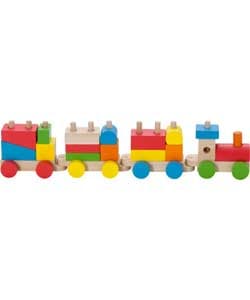A CONSTRUCTION WOODEN  STACKING TRAIN. CHOO CHOO IWITH 20 BRIGHTLY COLOURED STACKING BLOCKS, PERFECT FOR SMALL HANDS, LITTLE ONES CAN BUILD AND STACK THEIR VERY OWN TRAIN. WITH DIFFERENT SHAPES, THEY CAN CREATE A TRAIN WITH THREE CARRIAGES TO BE REALLY PROUD OF AND THEN PLAY WITH! 20 PIECES OF MULTI-COLOURED STACKING BLOCKS. TRAIN ENGINE AND 3 CARRIAGES. SMOOTH ROLLING CARS