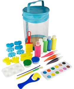 A PAINT SET FOR CHILDREN. INCLUDES: 5 BOTTLED PAINTS. 3 SQUEEZE PAINT. 2 PAINT POTS. 2 PAINT BRUSHES. 1 MIXING PLATE. 12 WATERCOLOUR CAKES. STORED AWAY INSIDE A BAG