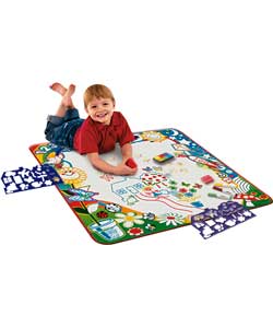 A POLYESTER MAT 71 CENTIMETRES SQUARE WITH DESIGNS NEAR THE EDGE AND A BLANK WHITE SPACE IN THE CENTRE. COMES WITH FOUR COLOURED FELT PENS, A STENCIL WITH OUTLINES OF OBJECTS, THREE STAMPS WITH SHAPES ON THEM, AND AN INK PAD WITH SIX COLOURS. THE IMPLEMENTS ARE USED TO CREATE IMAGES ON THE BLANK SPACE ON THE MAT. THESE CAN BE WIPED CLEAN AND OTHER IMAGES THEN PUT ON. INTENDED FOR CHILDREN OF THREE YEARS OLD UPWARDS. PUT UP FOR RETAIL SALE