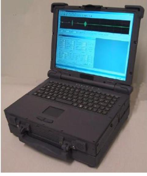 A RUGGEDISED, PORTABLE ULTRASONIC INSPECTION SYSTEM CAPABLE OF SIMULTANEOUS MULTI-CHANNEL TIME-OF-FLIGHT-DIFFRACTION (TOFD) AND PULSE ECHO (PE) CORROSION/EROSION MAPPING CAPABLE OF INTERFACING TO A WIDE RANGE OF SINGLE/MULTI-AXIS MANIPULATORS INCLUDING VIDEO TRACKING. THE SYSTEM ITSELF IS BASED ON RUGGED LAPTOP. THE LAPTOP IS FREELY PROGRAMMABLE AND CAN RUN ANY WINDOWS BASED SYSTEM, GIVING FREE ACCESS TO THE WINDOWS OPERATING SYSTEM. THE SYSTEM IS USED TO INSPECT METALS AND WELDS USING ULTRASONIC BEAMS. IT CAN BE USED TO IMAGE METAL PLATES AND PIPES AND IDENTIFY CORROSION AND METAL FLAWS. IT CAN ALSO INSPECT WELDS USING ULTRASONIC BEAMS USING SEVERAL METHODS, FOR EXAMPLE TIME-OF-FLIGHT-DEFFRACTION AND PULSE ECHO TECHNIQUES. THE SYSTEM USES ULTRASONIC TRANSDUCERS (PROBES) WHICH ARE ELECTRONICALLY PULSED BY THE PCI CARD IN THE SYSTEM. THESE PROBES CAN BE 1 METRE FROM THE SYSTEM AND UP TO 250 METRES AWAY CONNECTED THROUGH A CABLE. DIFFERENT PROBES ARE USED FOR DIFFERENT APPLICATIONS. THE SYSTEM ITSELF CONSISTS OF THE RUGGED LAPTOP WITH THE EXPANSION SLICE UNDER IT. IN THIS SLICE THE ULTRASONIC CARD IS MOUNTED. THE CARD IS OF PCI SPECIFICATION AND ALLOWS UP TO 8 PROBES TO BE CONNECTED TO IT VIA COAXIAL CABLE. THE RUGGED LAPTOP HAS A CENTRAL PROCESSING UNIT, A KEYBOARD AND A DISPLAY. THE LAPTOP WEIGHS 6.5 KG.