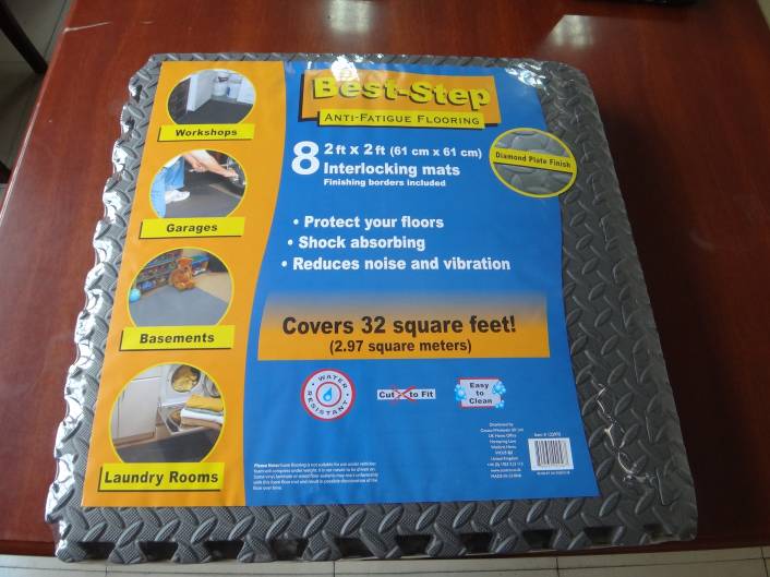 A RETAIL PACK OF 8 2 FOOT BY 2FOOT MATS, ANTI FATIGUE FLOORING, USED TO PROTECT THE FLOOR IN VARIOUS ROOMS. SHOCK ABSORBING.REDUCES NOISE AND VIBRATION. INDIVIDUAL MATS INTERLOCK. MATERIAL BREAKDOWN : EVA ( ETHYLENE VINYL ACETATE) 90.00%, PE (POLYETHYL;ENE) 2%, COCA (CALCIUM CARBONATE, ZINC OXIDE, DICUMYL PEROXIDE, STEARIC ACID, COLOUR POWDER.