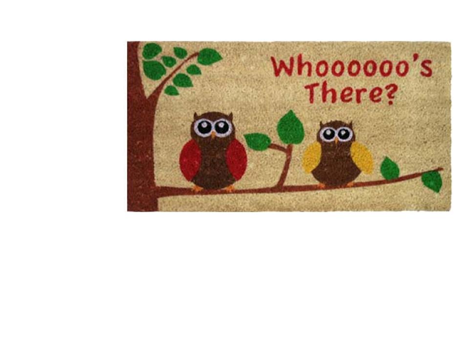 WOVEN COIR DOORMAT. SPUN. PICTURE DEPICTS TWO OWLS ON A BRANCH.