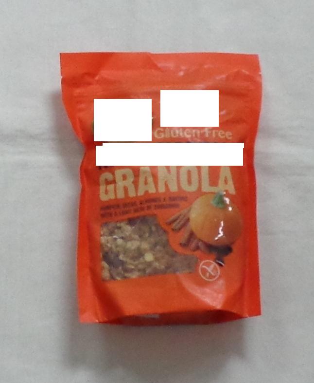A GLUTEN FREE ORGANIC GRANOLA CEREAL. INGREDIENTS: GLUTEN FREE ROLLED OATS, EVAPORATED CANE JUICE, SUNFLOWER OIL, ROASTED ALMONDS, DRIED CRANBERRIES (CRANBERRIES, EVAPORATED CANE JUICE, SUNFLOWER OIL), RAISINS (COATED WITH SUNFLOWER OIL), DRIED COCONUT, PUMPKIN SEEDS, FLAX SEEDS, RICE STARCH, CINNAMON, ANTIOXIDENT TOCOPHEROLS (VITAMIN E) ). 
PACKAGED IN A 312G PRINTED RESEALABLE STORAGE POUCH.