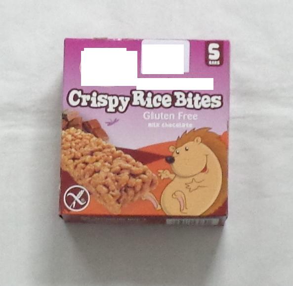 GLUTEN FREE MILK CHOCOLATE CRISPY RICE BITES. INGREDIENTS:BROWN RICE FLOUR, BROWN RICE SURUP, HONEY, INVERT CANE SYRUP, MILK CHOCOLATE (EVAPORATED CANE JUICE, COCOA BUTTER, MILK POWDER, CHOCOLATE FLAVOUR), SOY OIL, EVAPORATED CANE JUICE, COCOA, ACACIA GUM, SEA SALT, MOLASSES, NATURAL CHOCOLATE FLAVOUR, NATURAL VANILLA FLAVOUR. CONTAINS MILK AND SOY. 5 INDIVIDUALLY WRAPPED BARS OF 28G EACH CONTAINED IN A PRINTED CARDBOARD BOX.