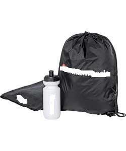 A WATER BOTTLE MADE FROM POLYETHYLENE (PE) WITH A CAPACITY OF 500ML. TO BE USED TO DRINK FROM. IT HAS A WHITE EXTERIOR AND A BLACK TOP. PART OF A SET ALSO CONTAINING A GYM BAG AND A TOWEL; THESE TWO ITEMS HAVE BEEN CLASSIFIED SEPARATELY.