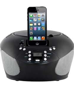 A PORTABLE BOOMBOX WHICH OPERATES BY EITHER MAINS OR BATTERY POWER. ITS FEATURES INCLUDE CD PLAYER, FM RADIO FOR TUNING INTO RADIO STATIONS AND IT IS IPOD AND MP3 COMPATIBLE WITH A DOCKING STATION. WITH STEREO SPEAKERS GENERATING 4 WATTS RMS. DIMENSIONS ARE H15 CM X 24 W X D 25 CM. BATTERIES NOT INCLUDED.
