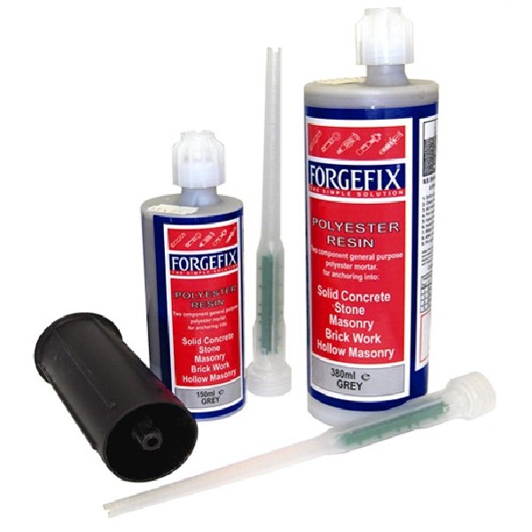 A TWO-PART COMPONENT GENERAL PURPOSE POLYESTER MORTAR RESIN (CEMENT RESIN) AND HARDENER FOR USE IN THE CONSTRUCTION INDUSTRY AS A FAST ACTING CEMENT FOR ANCHORING INTO SOLID CONCRETE, BRICKWORK, HOLLOW MASONRY AND TO BE USED IN CONJUNCTION WITH A THREADED STUD AS AN ANCHOR. AVAILABLE IN TWO PART CARTRIDGE. COMES COMPLETE WITH A FIXING NOZZLE. AVAILABLE IN 380ML AND 150ML CARTRIDGES.