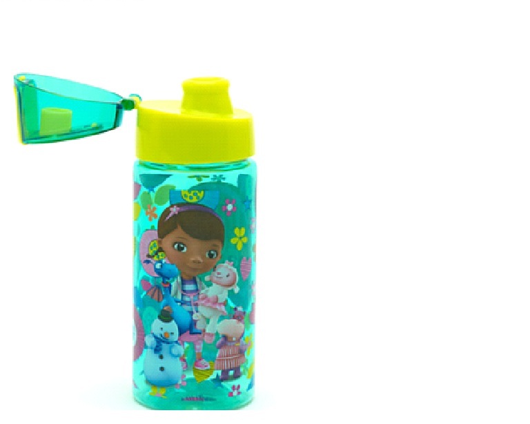 A DRINKS BOTTLE. DESIGNED FOR CHILDREN. MADE FROM PLASTIC. FEATURES SCREW-TIGHT LID WITH HINGED SNAP-SHUT TOP FOR EASY USE. CLEAR PLASTIC DESIGN WITH WRAPAROUND ARTWORK. DIMENSIONS: HEIGHT 18CM, DIAMETER 6.5CM, SUITABLE FOR CHILDREN AGE 3 YEARS AND ABOVE.