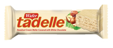 A WAFER BAR COVERED WITH WHITE CHOCOLATE. THE WAFER PART IS COMPOSED OF HAZELNUT CREAM, WHEAT FLOUR, CORN STARCH, RAISING AGENTS, AND VEGETABLE OIL. PACKAGED FOR RETAIL SALE IN A 35 GRAMME PACK