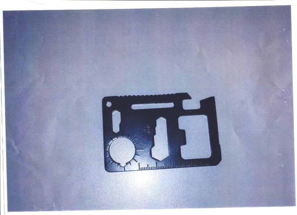 A STAINLESS STEEL POCKET TOOL CARD WHICH MEASURES 68MM (L) X 45 MM (W) APPROXIMATELY. CONSISTS OF A RULER, CAN AND CAP OPENER, A KNIFE EDGE, SCREWDRIVER, 4 POSITION WRENCH FOR VARIUOS SIZED NUTS AND BOLTS, BUTTERLY WRENCH, SAW BLADE, DIRECTION INDICATOR, 2 POSITION WRENCH AND A KEYRING HOLE. PROVIDED WITH A SOFT TEXTILE POUCH FOR SAFE STORAGE.