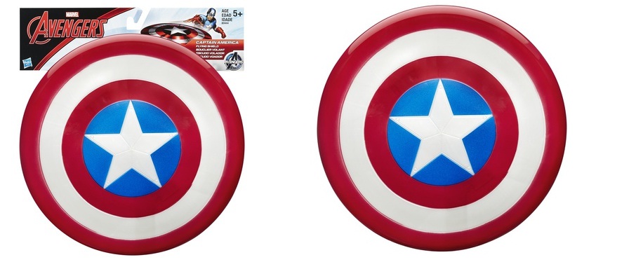 A PLASTIC CAPTAIN AMERICA FLYING SHIELD TOY. IT CAN BE USED BOTH AS A CONVENTIONAL SHIELD, AND AS A WEAPON BY THROWING IT AT A TARGET. PACKAGED FOR RETAIL SALE.