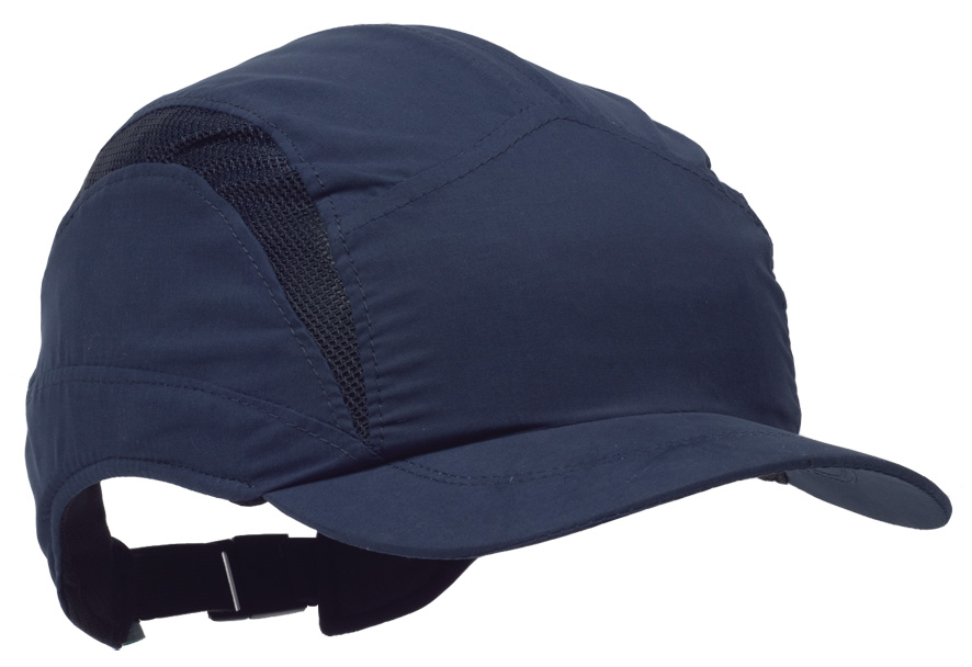A PROTECTIVE SAFETY HAT IN THE STYLE OF A PEAKED BASEBALL CAP. DESIGNED TO PROTECT THE HEAD FROM THE EFFECTS OF IMPACT AGAINST HARD OBJECTS. POLYESTER OUTER WITH MESH SECTIONS. PROTECTIVE ABS INNER. SUN VISOR PEAK ON THE FRONT AND STRAP WITH FASTENING MECHANISM AT THE REAR. COLOUR: NAVY.